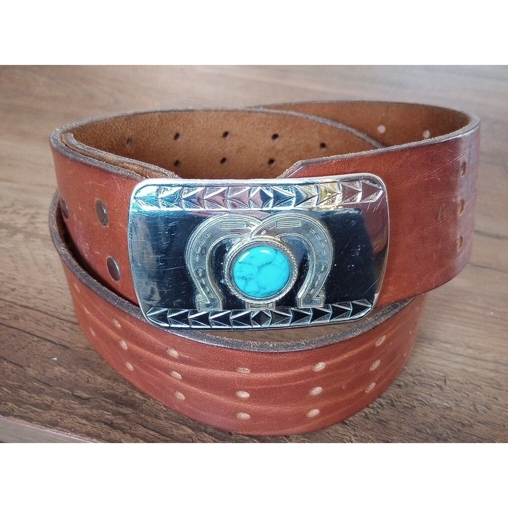 Western Leather Belt Strap W/Horsehoe Buckle/Simulated Turquoise M/L 26"-35"